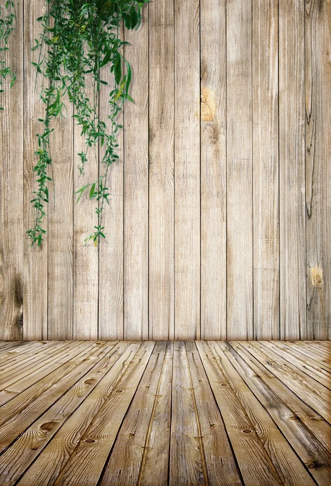 Laeacco Spring Green Leaves Flower Wall Backdrop Brown Wood Plank Floral Birthday Wedding Party Portrait Photography Background