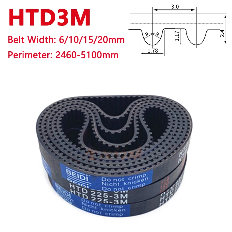 

HTD3M Timing Belt Rubber Closed Loop Synchronous Belt Arc Tooth Drive Belt Perimeter 2460-5100mm Width 6mm 10mm 15mm 20mm 1Pc