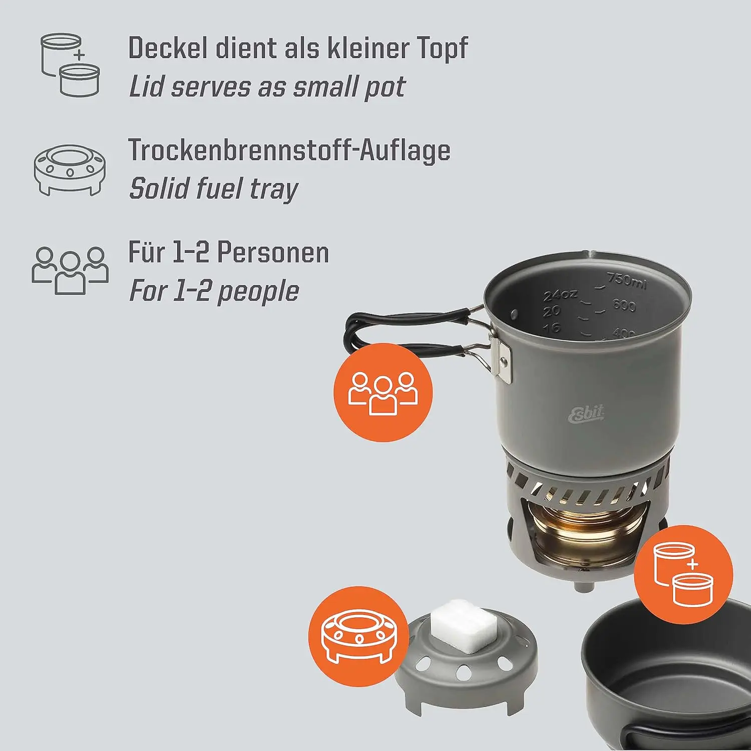 Lightweight 5-Piece Trekking Cook Set with Adjustable Alcohol Burner Stove for Camping