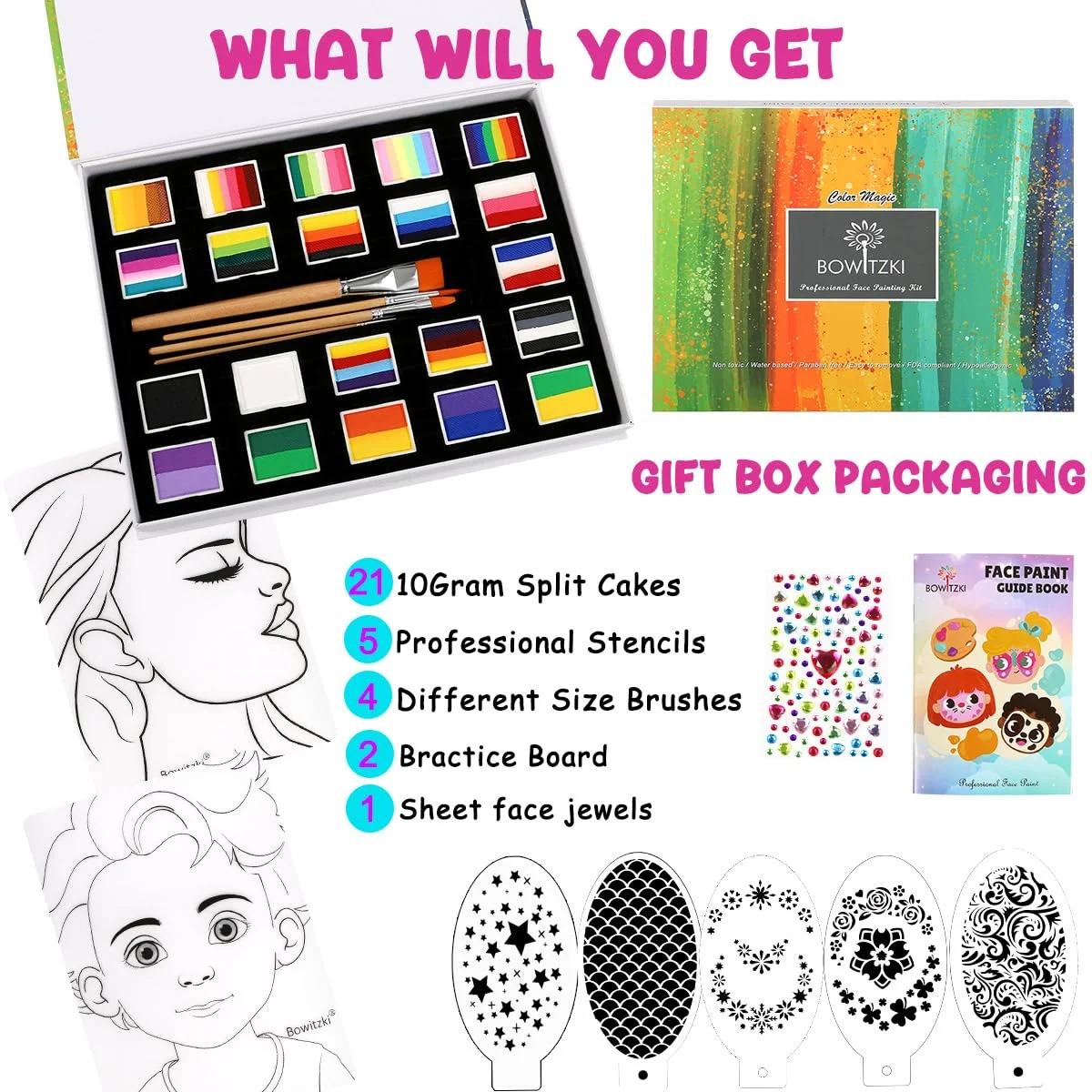 Bowitzki 21 สีแยกเค้กสีชุด Professional Face Painting Kit เด็กผู้ใหญ่ 10g หนังสือท่องเที่ยวปลอดสารพิษ