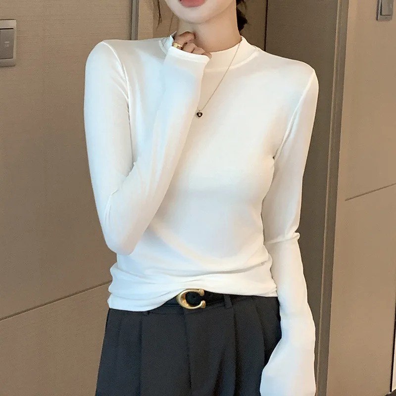 

New Women's Long-sleeved T-shirt, Modal Base Layer, Solid Color Long Johns Semi-high Neck Round Neck and Small Stand-up Collar