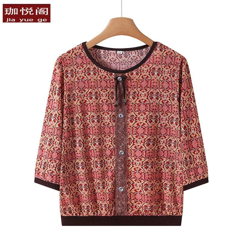 Mom's Summer New Round Neck Seven-point Old Lady T-shirt Middle Women's Fashion Casual Pullover Top