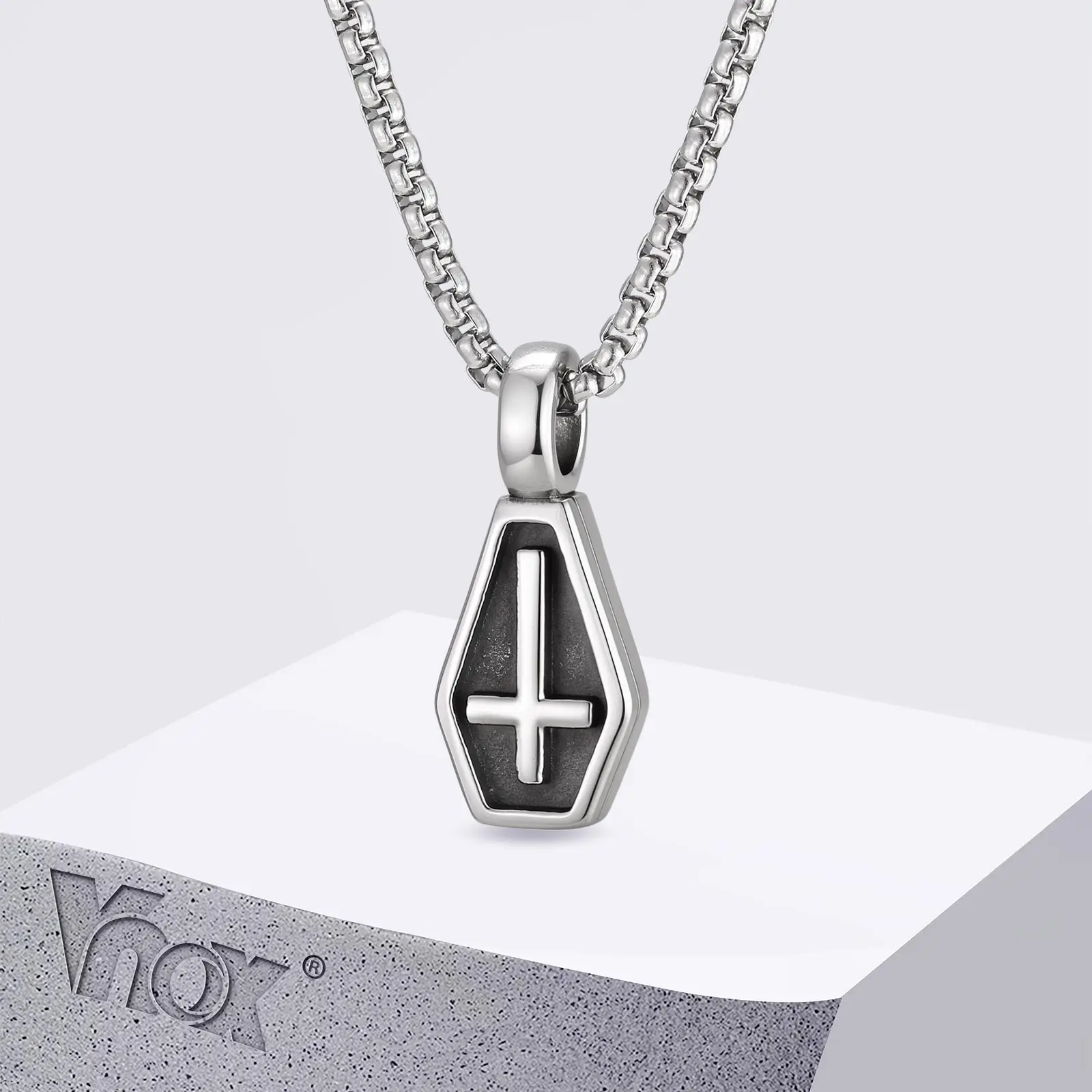 Vnox Men's Inverted Cross Coffin Pendant Necklace, Gothic Punk Style Stainless Steel Box Chain, Anti-rust Hip Hop Jewelry Gifts