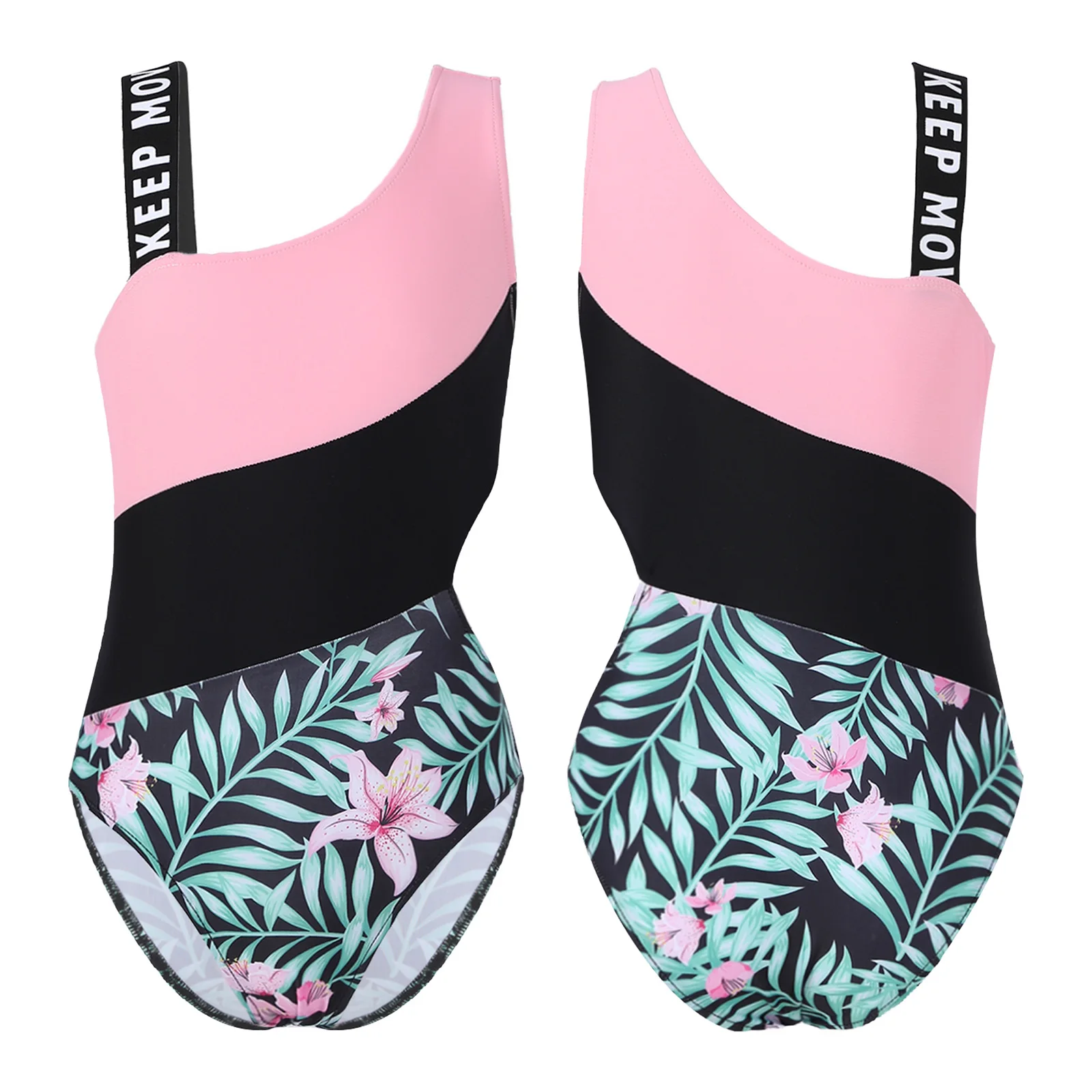 Kids Girls Swimming Jumpsuit Asymmetrical Shoulder Straps Patchwork Hollow Out Waist Bodysuit Beach Pool Swimming Bathing Suit