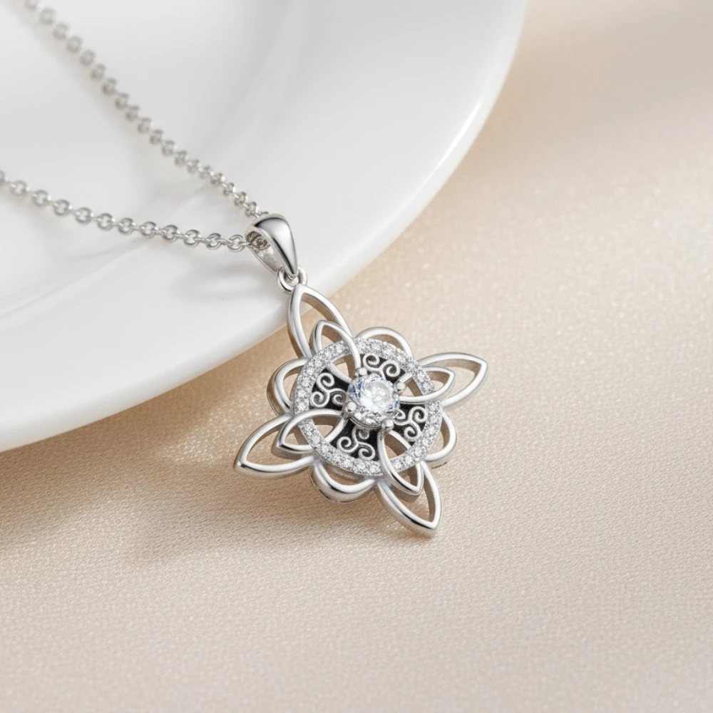 925 Thai Silver Triskele Symbol and Witch Knot Necklace with Multiple Cubic Zirconia Triskelion Irish Jewelry Valentine Day Gift