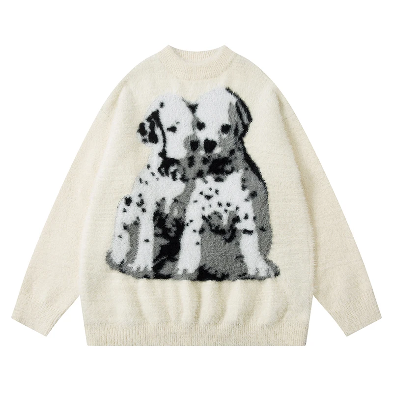 

Осенние мужские вязаные джемперы, свитера с милой далматинской собакой, жаккардовые пуловеры, уличная одежда в стиле Харадзюку, повседневная свободная трикотажная одежда