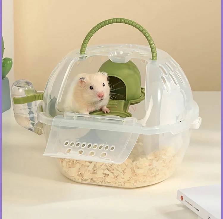 Hamster cage comes with a special golden wire bear house. Four seasons out, sleeping in a nest, acrylic supplies