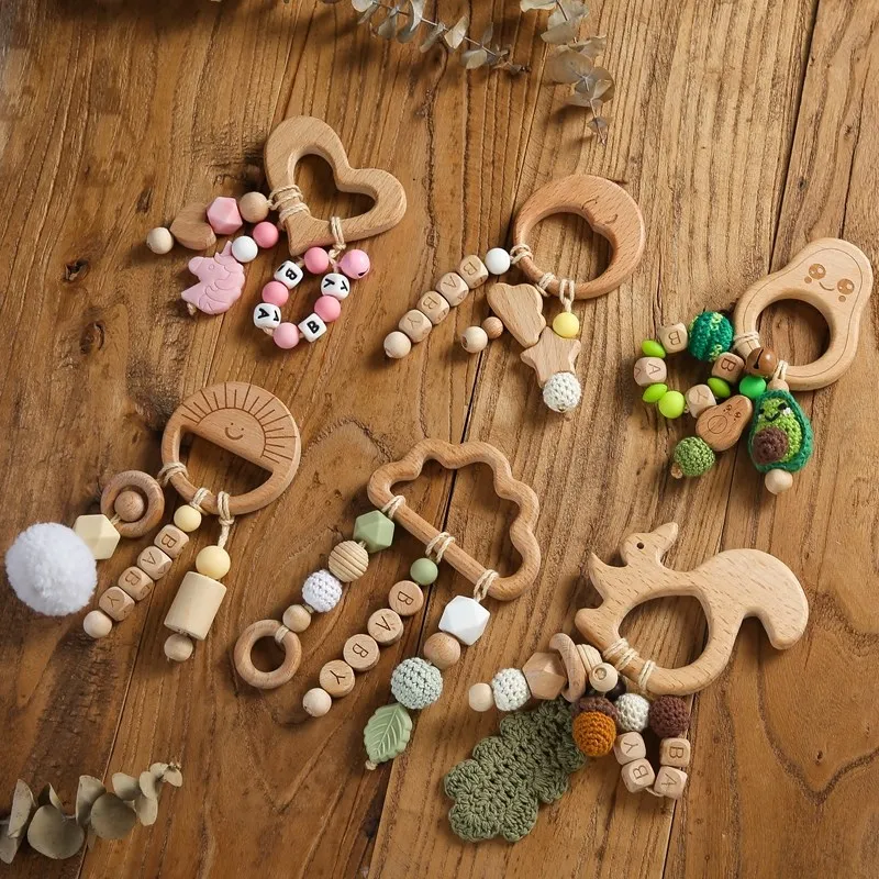 1Pcs Baby Animal Natural Beech Teething Wooden Teether Blocks Pacifier Chain Safe Pendant Products Newborn Educational Toys