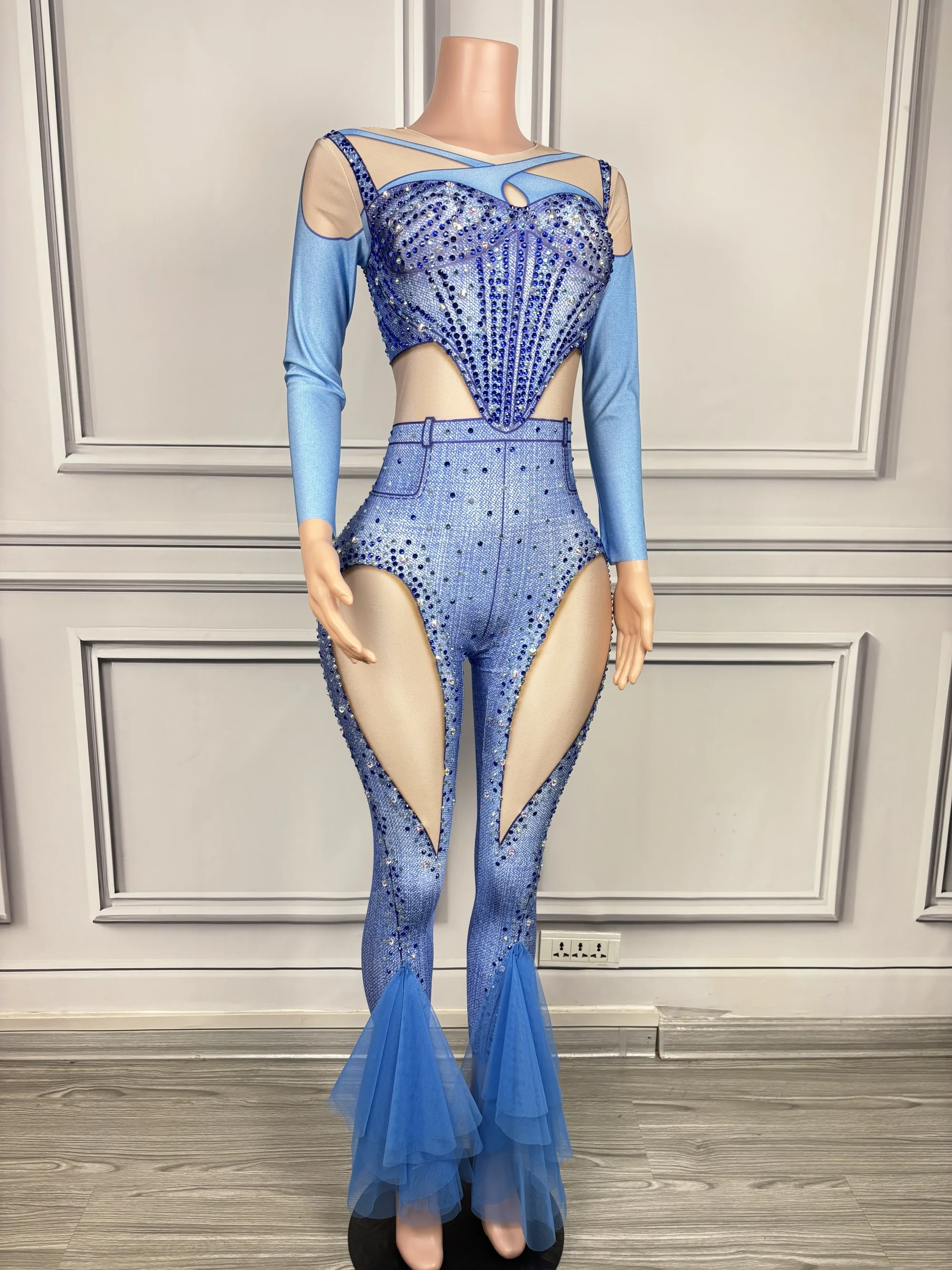 Blue Diamond Cowboy Printing Splicing Mesh Sheath Jumpsuit Evening Party Performance Costume Nightclub Singer Dancer Stage Wear