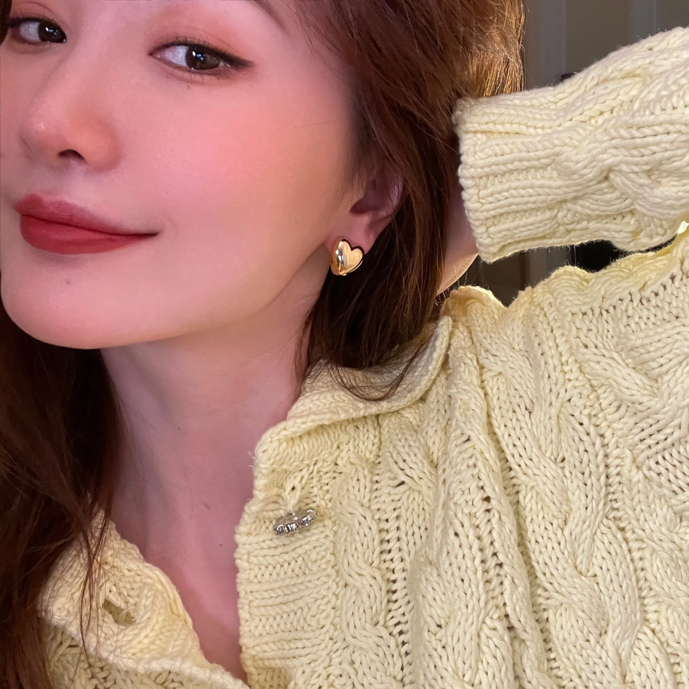 Brass Heart Stud  Earrings Women Jewelry Party Boho T Show Gown Runway Rare Korean Japan Trendy