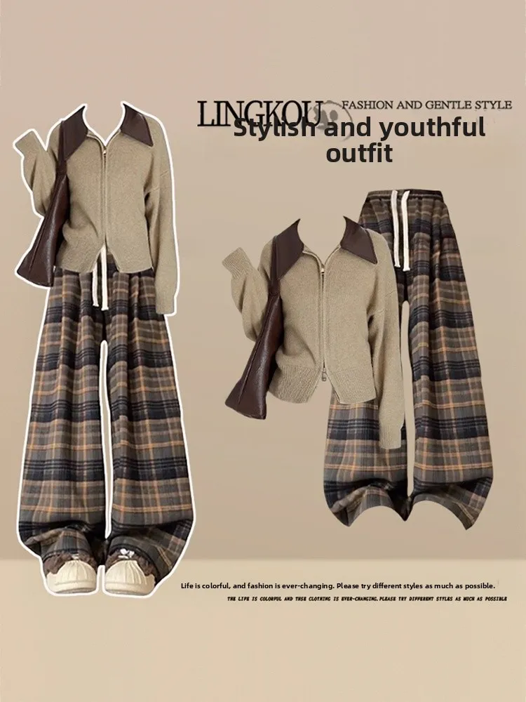 

American Style plus Size Knitted Set Women's Lazy Color Block Checkered Wide Leg Pants Two Piece Suit Autumn Fashion Outfit