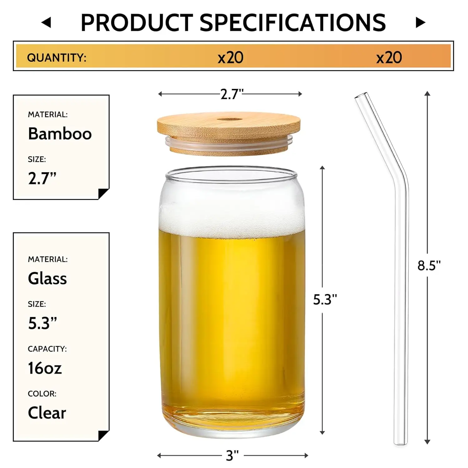 

[ 20pcs Set ] Glass Cups with Bamboo Lids and Glass Straw - Beer Shaped 16 oz Iced Coffee Drinking Glasses, Cute Tumbler Cup