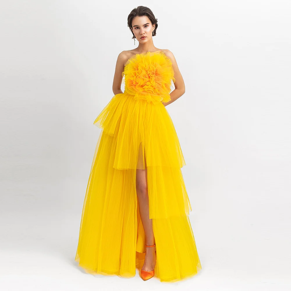 

Strapless Evening Dress For Sexy Women Vestidos de festa Elegant 3D Flower A-line Formal Cocktail Party Prom Gown With Slit