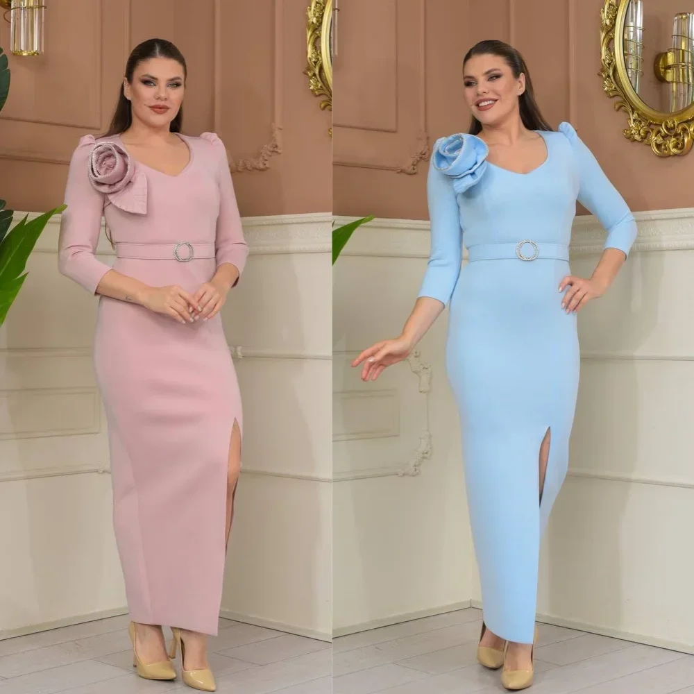 

Customized Evening Dresses Jersey Flower A-line V-neck Midi Dress Exquisite High Quality Occasion Formal Party Gown for Women