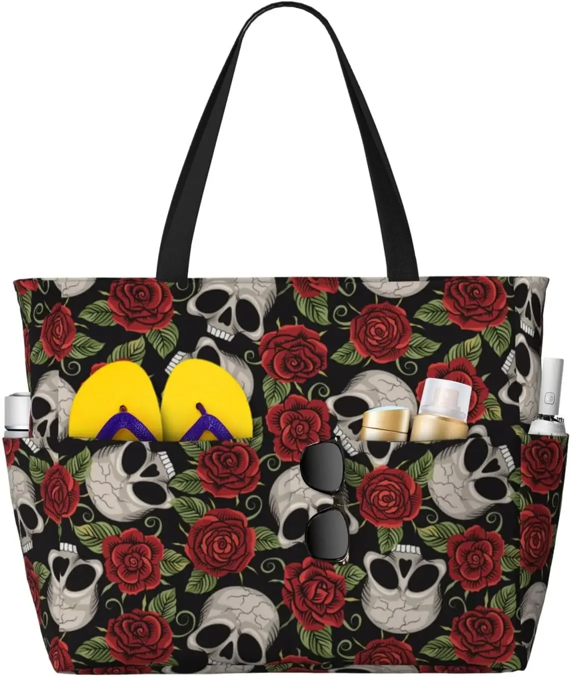 Large Beach Bags Waterproof Sandproof - Red rose skull Cute Beach Tote Bags for Women with Zipper