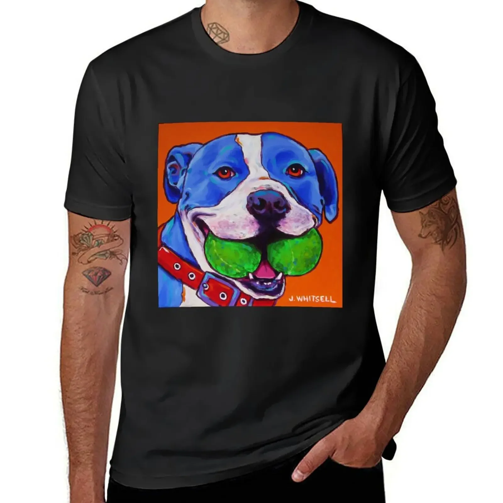 

Colorful Fun Pitbull with Tennis Balls- J. Whitsell Art T-Shirt Blouse graphic t shirts luxury clothes men