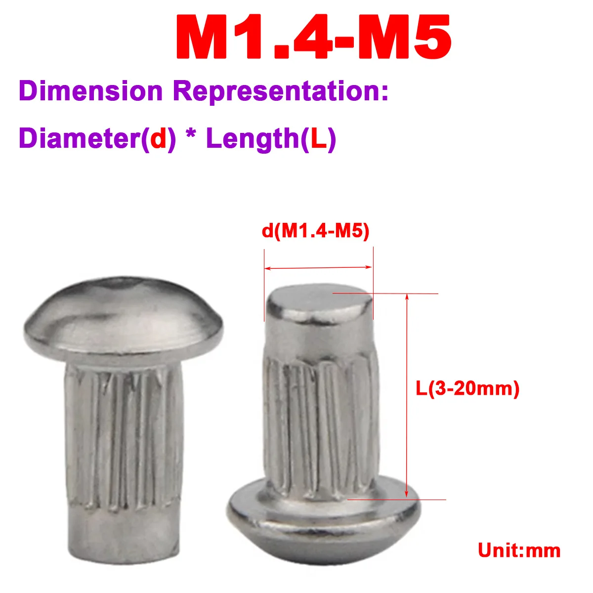 304 Stainless Steel Half Round Head Knurled Solid Rivet M1.6M2M2.5M3M4M5
