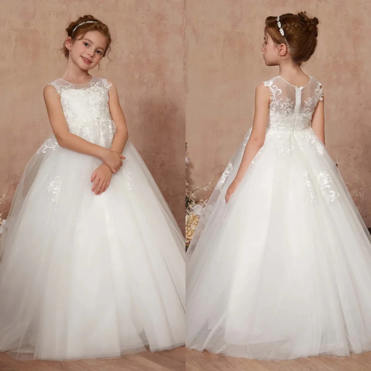 

Customized Lace Tulle Flower Girl Dress First Holy Communion Dress for Kids Ball Gown Sleeveless Floor Length Wedding Dress