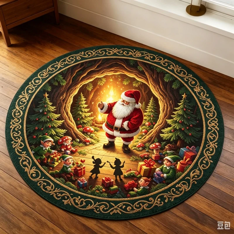 3D Visual Illusion Santa & Elves Workshop Round Rug, Christmas Gift Printed Circular Floor Mat,Indoor Home Decoration Carpet