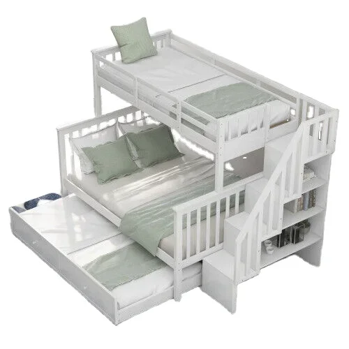 Kids Bunk Bed Twin Over Full Bunk Bed with Trundle Staircase Wooden Bunk Bed Frames With Stairs for Bedroom Furniture