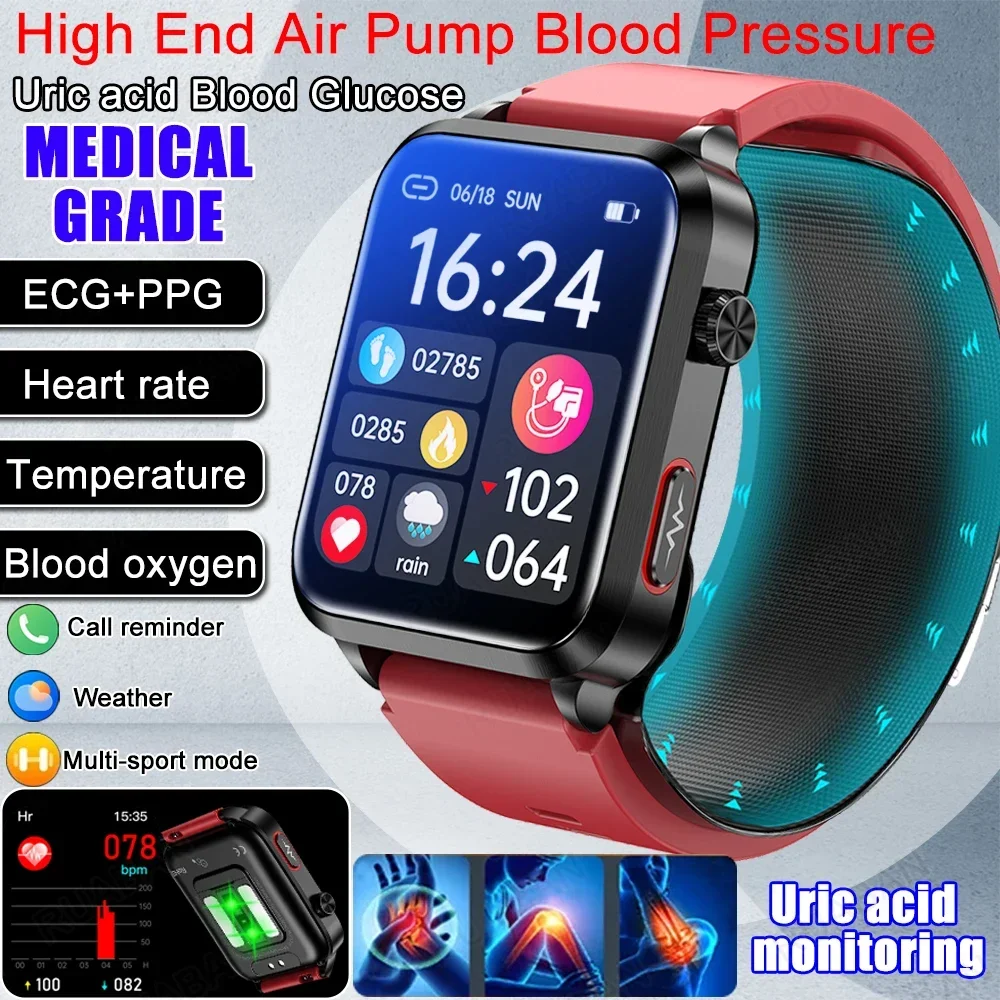 

Smart Watch with Airbag Health Monitoring Medical Grade Air Pump ECG Accurate Blood Pressure Uric Acid & Blood Lipids Detection.