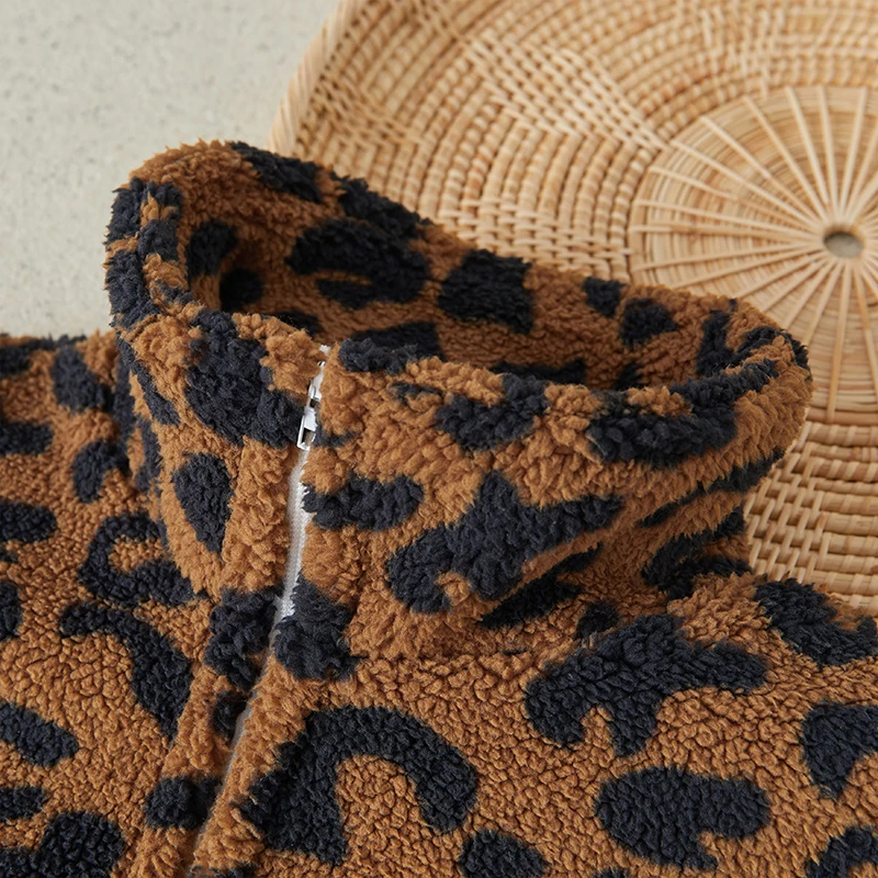 Suefunskry Toddler Girl Boy Winter Warm Coat Fuzzy Long Sleeve Stand Collar Leopard Print Zipper Closure Kid Outwear 3-7Years image 4