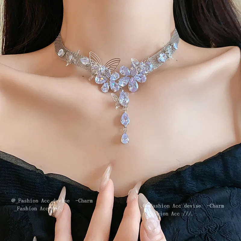 Hollow Out Butterfly Flower Water Droplet Zircon Tassel Necklace Cool Collarbone Chain Luxury Accessories Wholesale