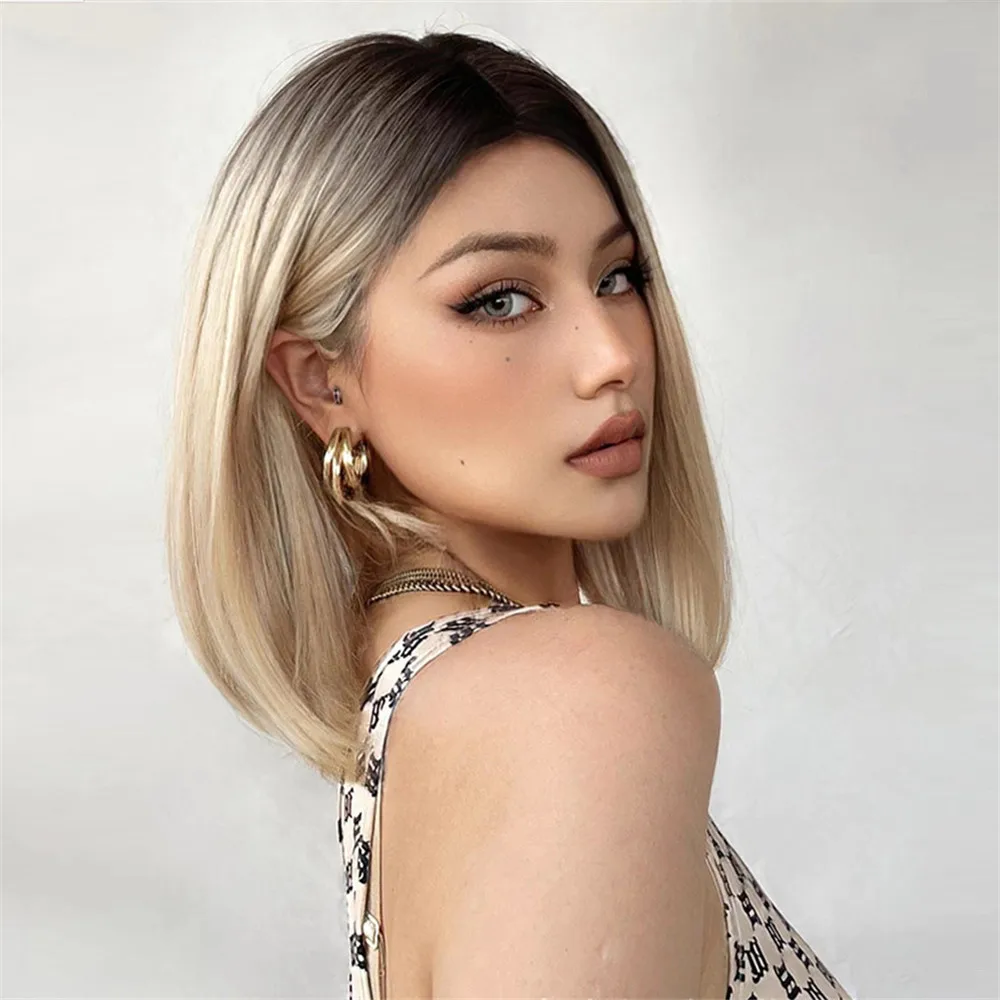 ALAN EATON Light Blonde Straight Bob Wig Shoulder Length Middle Part Blonde Wigs Ombre Daily Synthetic Heat Resistant Fake Hair