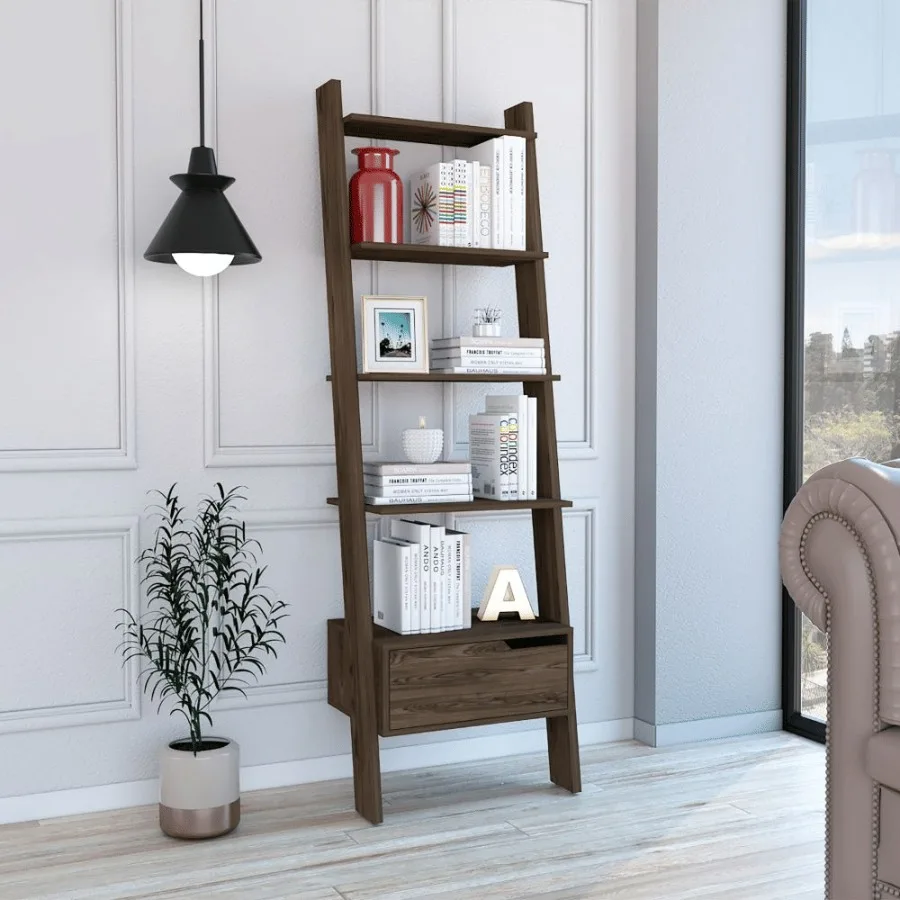 

Ladder Bookcase Bull One Drawer Five Open Shelves Dark Walnut Finish