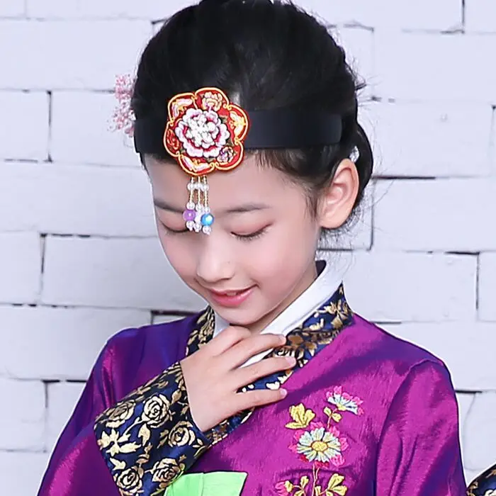 Korean Traditional Hair Band - Hand-Embroidered Floral Headpiece for Hanbok, Minority Dance Performance Headdress with Ribbons