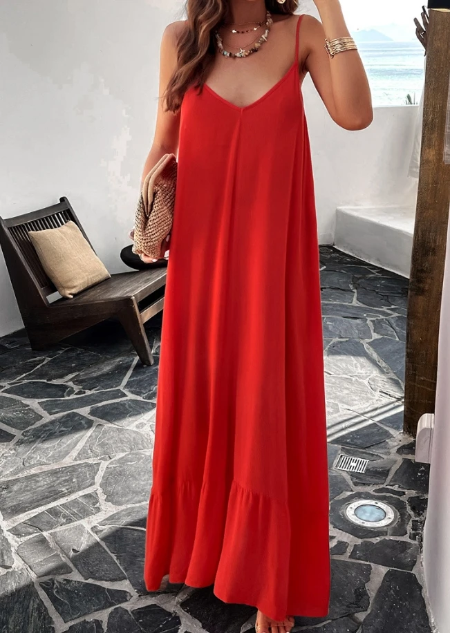 

Women's Dress Elegant Commuting 2024 Summer Casual Pullover Sexy Solid Color V-Neck Spaghetti Strap Loose Fit Maxi Dress