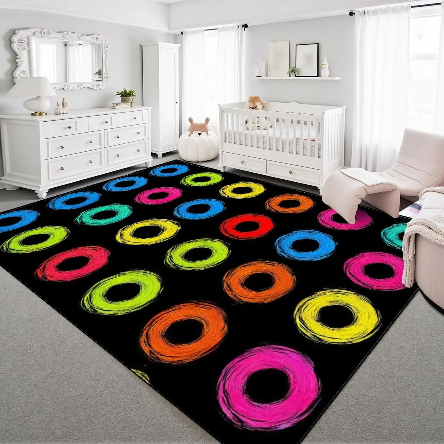 1pc 2D Flat Colorful Sketch Circle Printed Floor Mat, Decorative Rug for Living Room, Bedroom, Office, Home Decor
