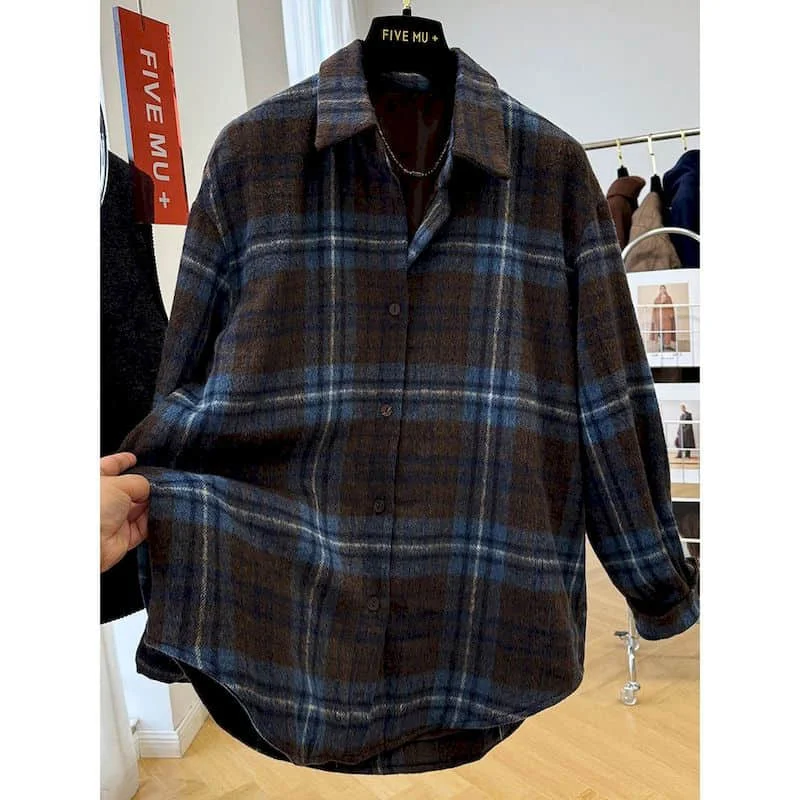 Shirts Coats for Women Vintage Plaid Polo-neck Plush Cardigans Long Sleeve Jackets Casual Mid-length Korean Style Women Clothes