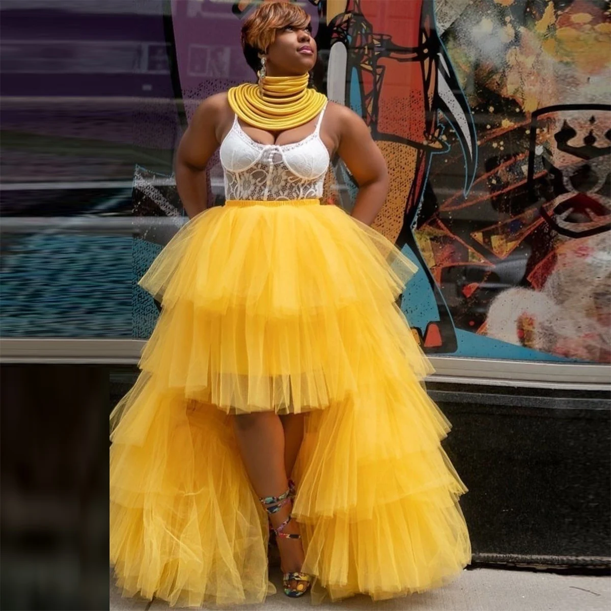 

Желтая тюлевая юбка с высоким и низким вырезом и эластичной резинкой на талии, многоуровневая длинная юбка-пачка, женская официальная одежда, юбки для дня рождения
