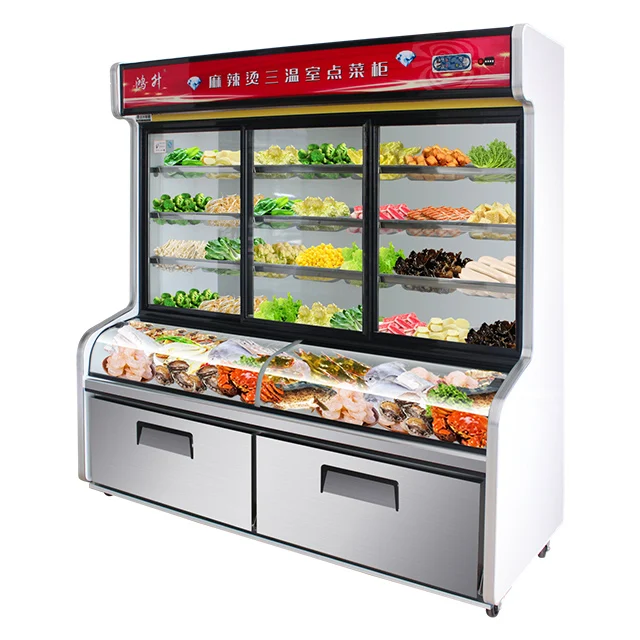 

Витрина для заказа горячего горшка Холодильник Малатанг Ресторан Свежая витрина 3-температурная