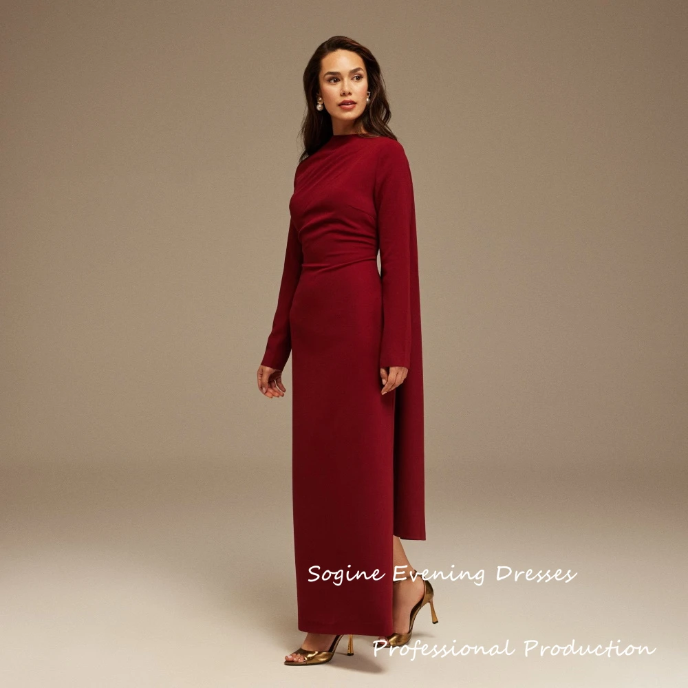 

Customized Burgundy Drape One-Shoulder Party Gown Long Sleeve Ankle-Length O-Neck Prom Dresses With Shawl Ruched Evening Dress
