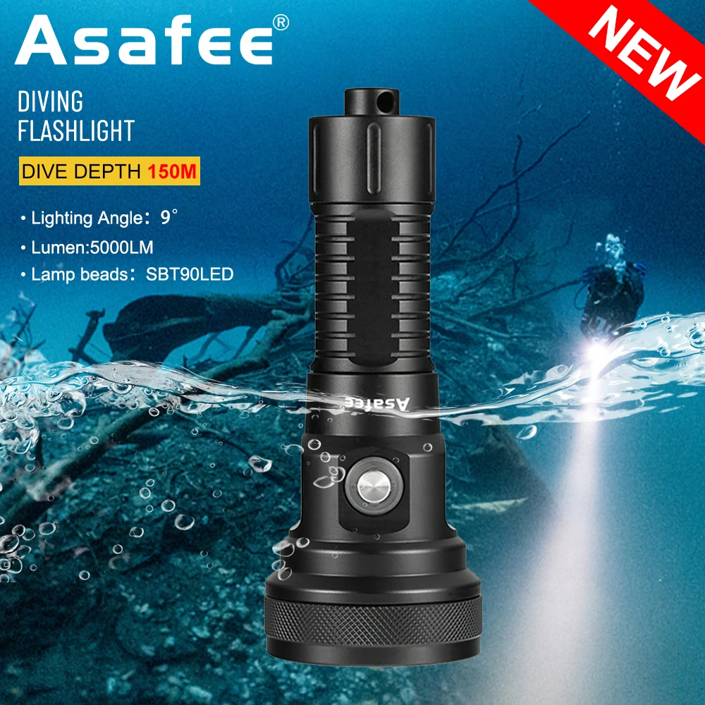 

Asafee DT01 SBT90 LED 5000LM Diving Flashlight Underwater 150M IPX8 Waterproof Dive Torch 26800 Rechargeable Scuba Light