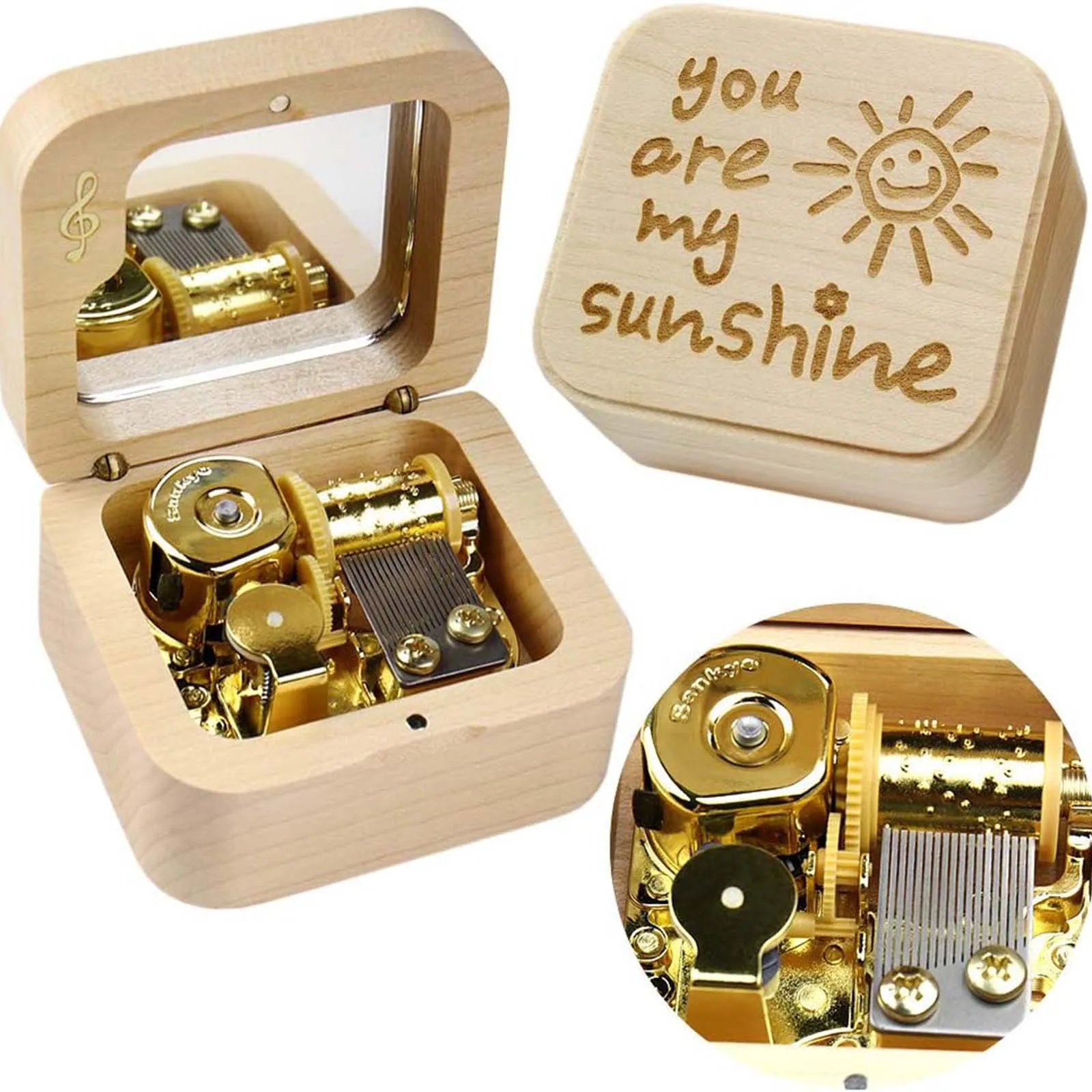 SOFTALK You are My Sunshine Solid wood Maple can pause music box Birthday, Christmas, Valentine's Day gifts