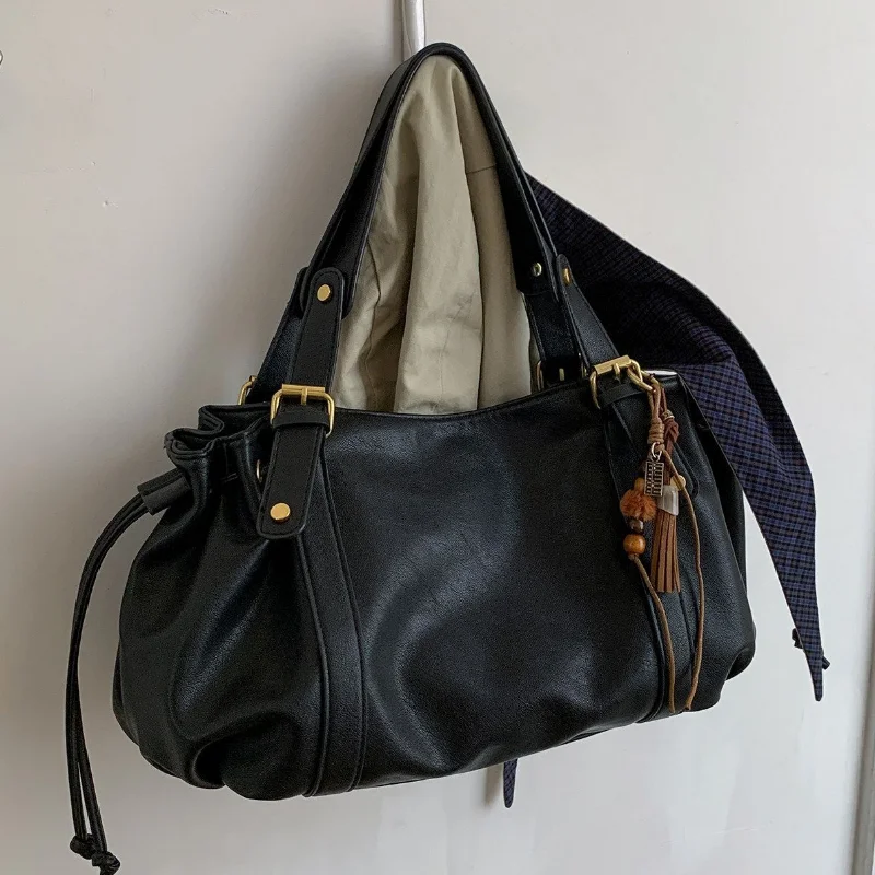 Women Soft Leather Hobo Shoulder Bag Drawstring Ruched Tote Handbag with Bead Tassel Pendant Casual Commuter Crossbody Purse