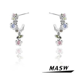 MASW Original Design Fashion Jewelry For Women Senior Sense Thick Silver Plated Shiny Glass Flower Earrings Party Gift