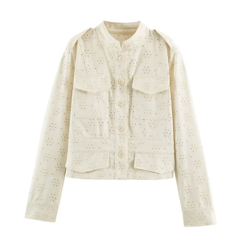 Women Cream White Eyelet Embroidery Cropped Jacket Stand Collar Epaulet Flap Pockets Button Up Long Sleeve Casual Outerwear