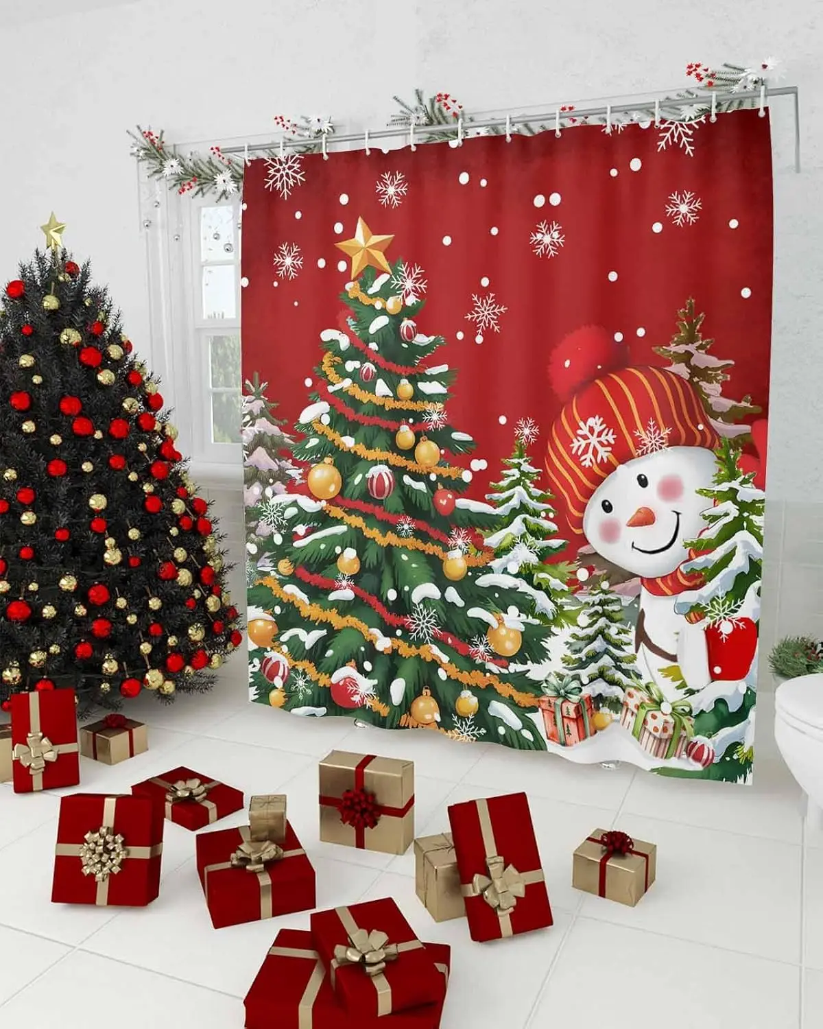 Vintage Xmas Tree Waterproof Shower Curtains for Bathroom, Balls Snowflake Washable Fabric Bathtub Curtain Set Bath Decor