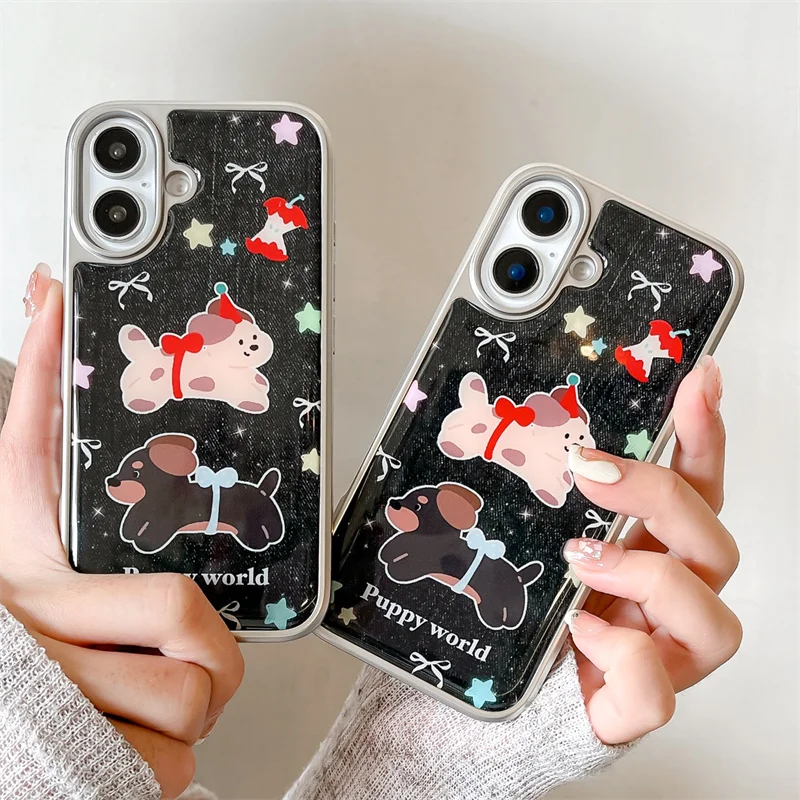 Drip glue silver frame black background red blue bow dog phone case for iPhone 13 14 15 16 pro max