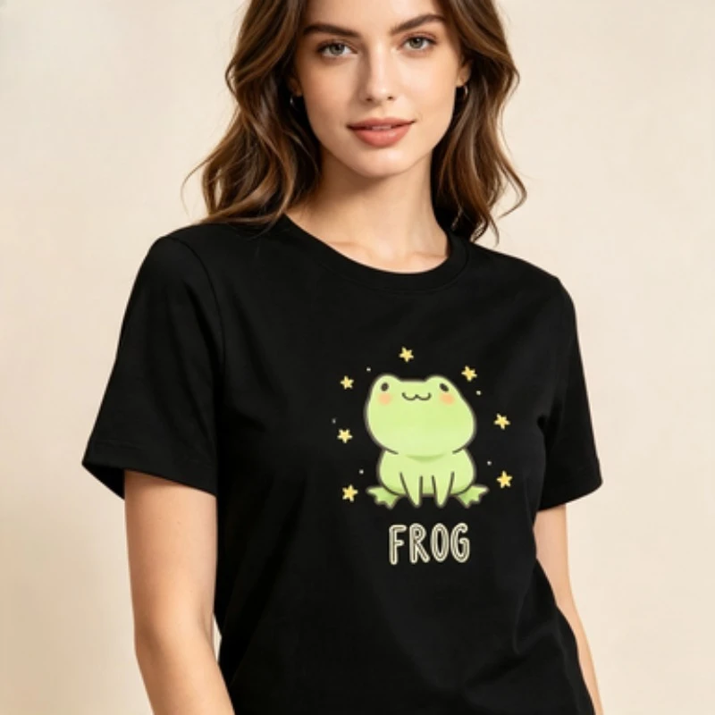 Aesthetic Cute Pet Women Cotton T-Shirt Cartoon Smiling Frog Star Decor Print Minimalist Kawaii Style Casual Short Sleeve Tops