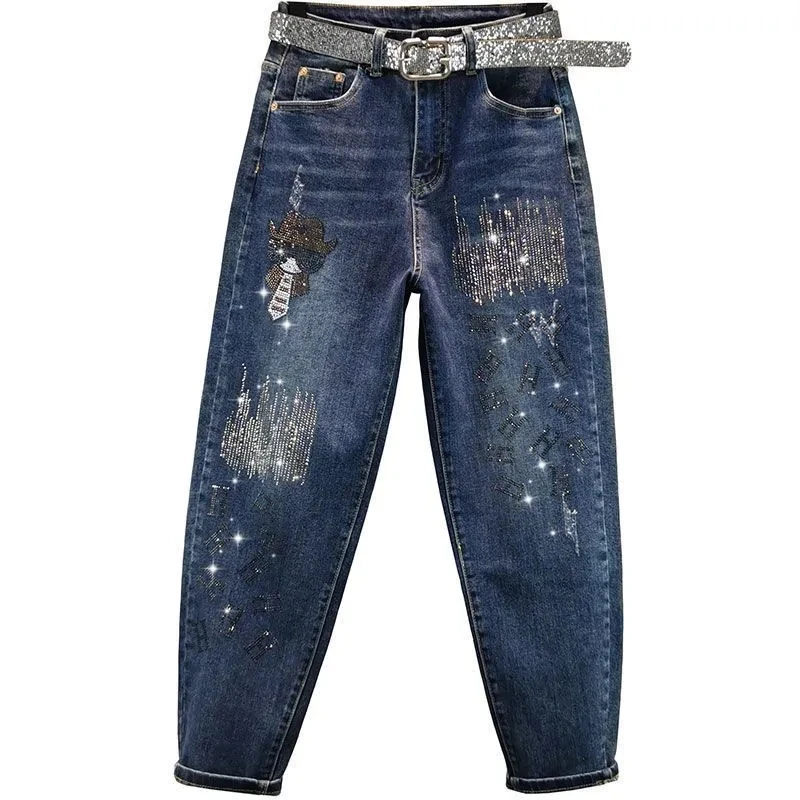 حار الماس الجينز للنساء ربيع/خريف 2025 جديد عالية الخصر فضفاض هارون السراويل الإناث عادية الدنيم الكاحل طول السراويل