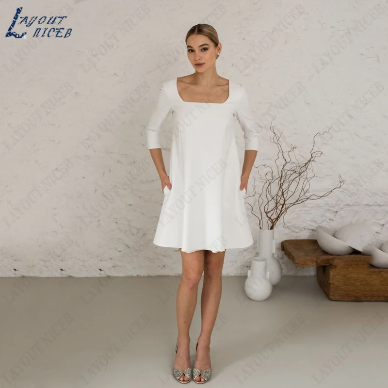 

LAYOUT NICEB Mini Square Neck Wedding Dresses Women Satin Vintage Button Bridal Gown Simple A-Line Regular Sleeve Robe De Mariée