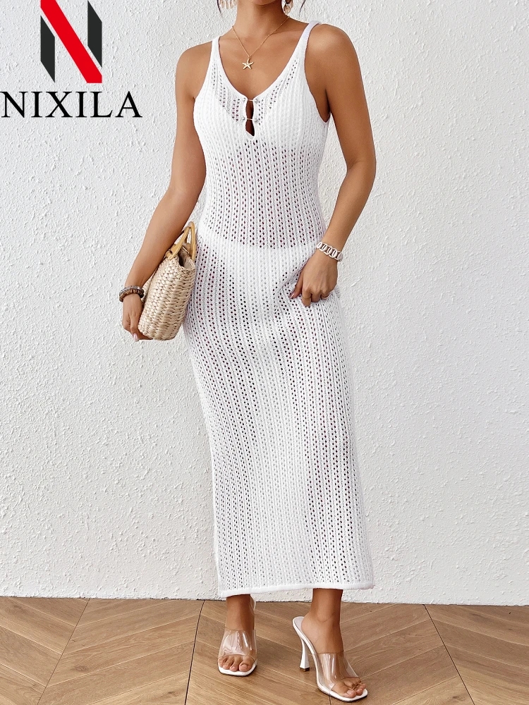 Letnia sukienka damska z dekoltem w szpic Szydełkowy kostium kąpielowy bez rękawów z wycięciem Bikini Cover Up Sexy Perspective Beach Maxi Dresses