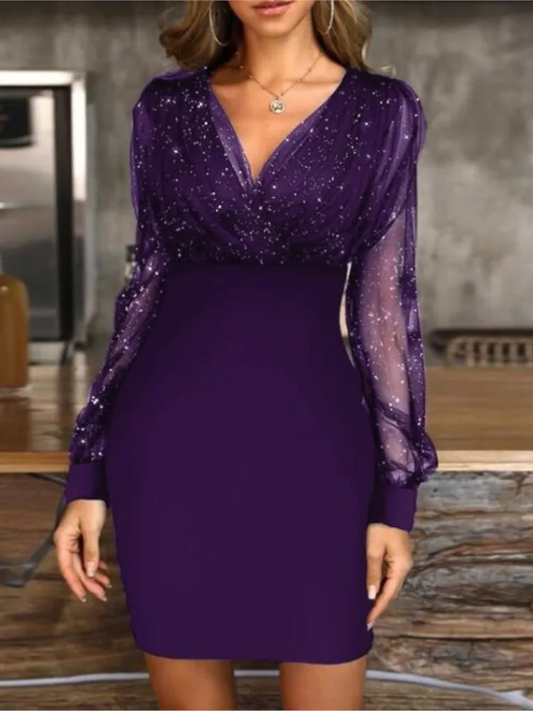 

Solid-color Woman's DressSexy V-Neck See Through Long Sleeve Dress Women Spring Autumn Party V-neck Mini Dresses Female Clothing