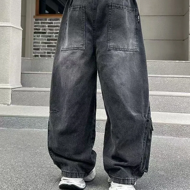 New Kids Teenager Fashion Casual Trousers Autumn Kids Girl Cargo Jeans With Multi Pocket Children Luxury Straight Denim Pants