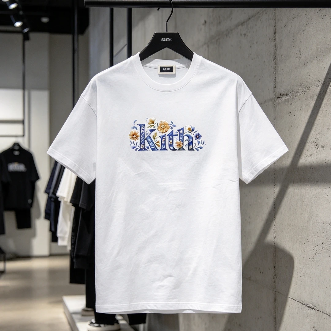 New High Quality KITH Men's Floral Letter Print Short Sleeve T-Shirt Crew Neck Oversized Streetwear Casual  Tops Tees